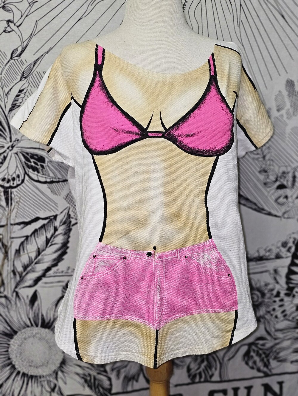Vtg 90s Big Woody Woman's Body In Pink Biking & Shortd Swimsuit Coverup OSFM